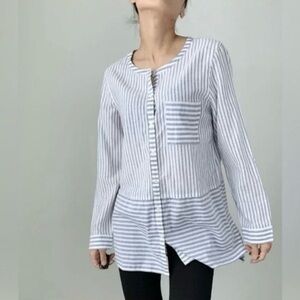J.Jill Womens S MP Button Up Tunic Roll Up Long Sleeve Gray/White Striped Cotton